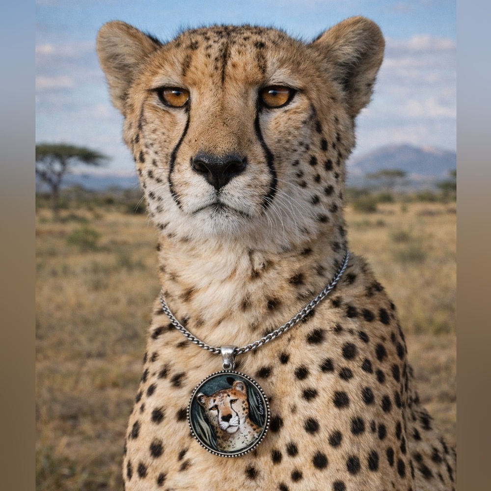Beautiful original large handpainted Cheetah pendant on chain big cats lions